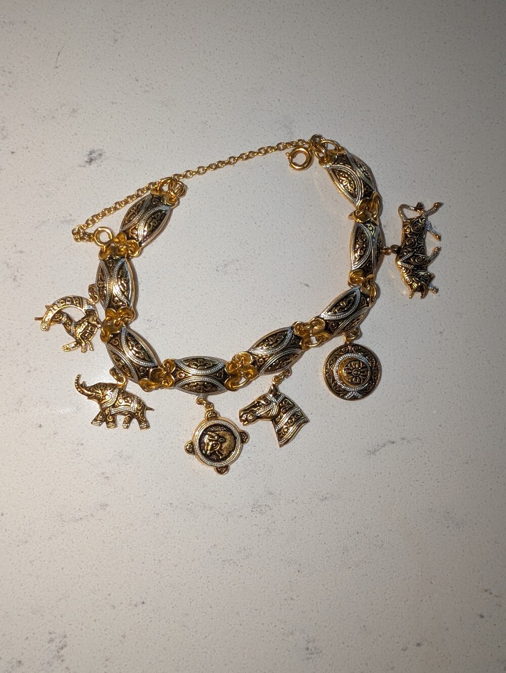 Vintage Toledo-Style Damascene Gold-Tone Figural Charm Link Bracelet Gold Black